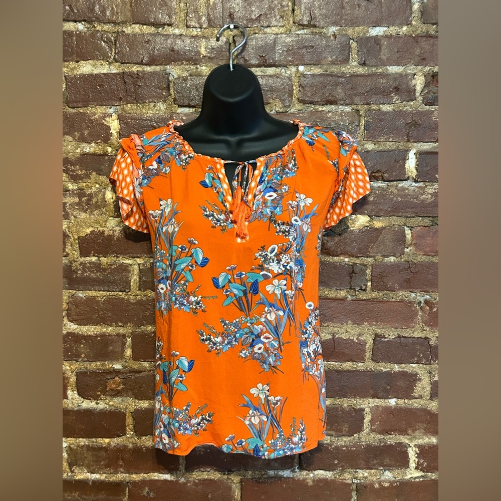Rose & Olive Orange Tie Front Blouse with Blue Floral Design size L